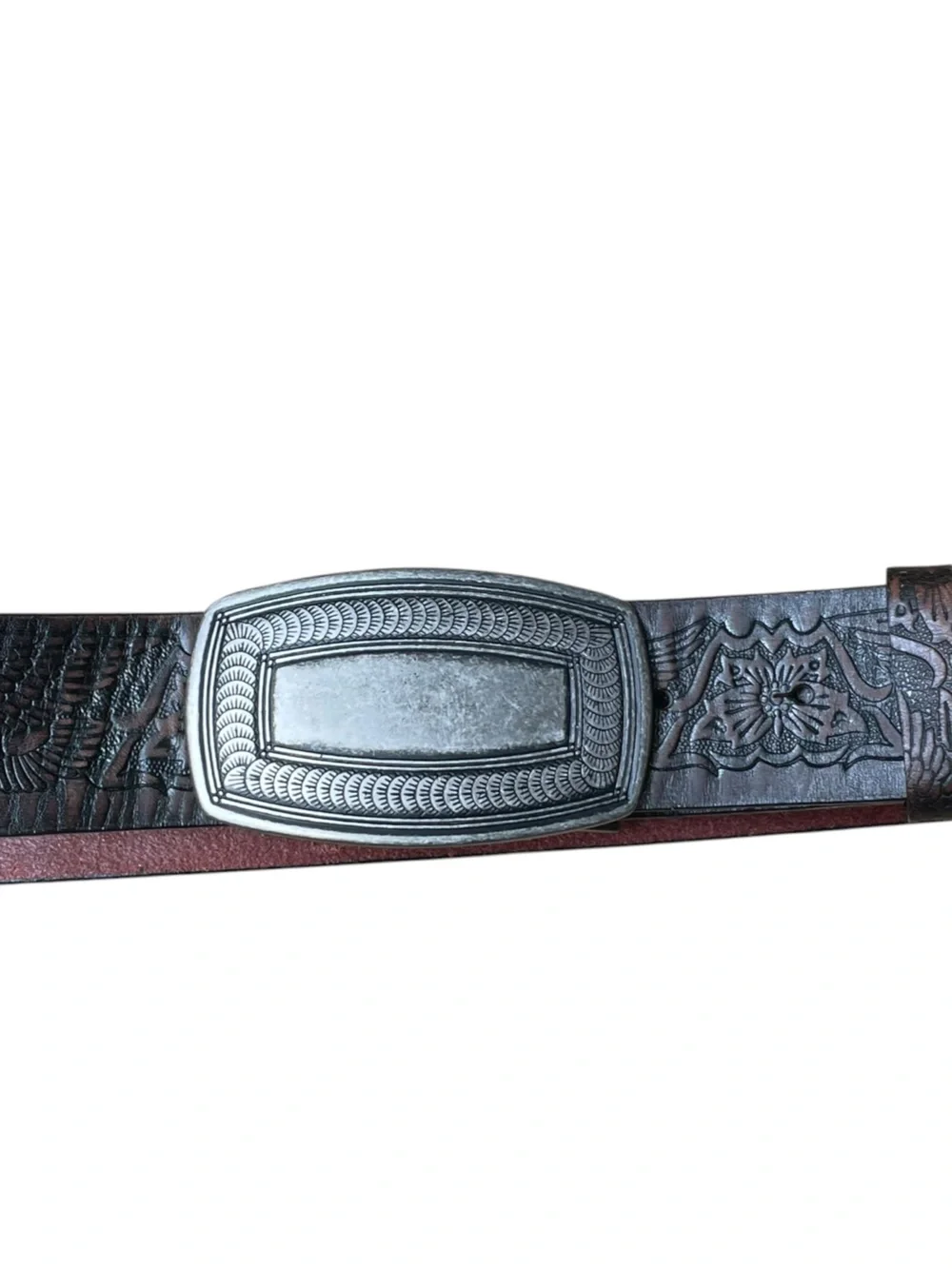TOOLED Leather Eagle Belt Brown Pewter Buckle Men's Sz XL USA Americana Western